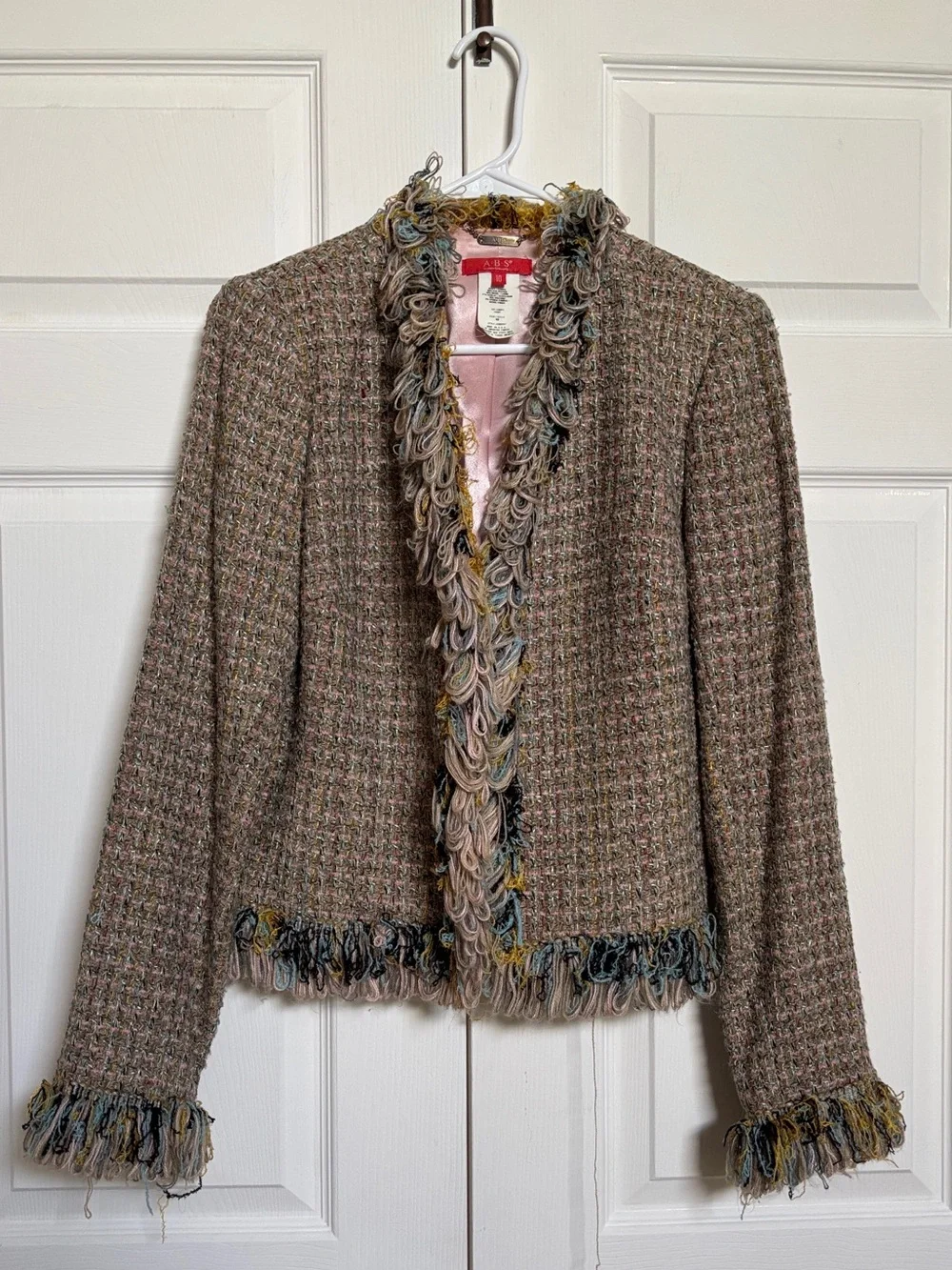 ABS Allen Schwartz Tweed Fringe Jacket Hook & Eye Women’s Size 10